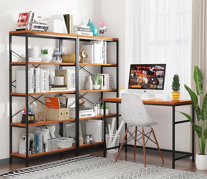 Himimi Industrial Bookshelf 5-Tier, Bookcase 58" H Ladder Shelf, Storage Shelves Rack Shelf Unit, Accent Furniture Metal Frame, Home Office Furniture for Bathroom, Living Room, Vintage Brown - LeafyLoom