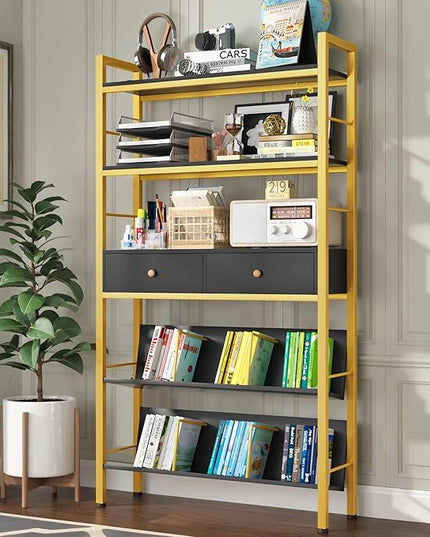 Bookshelf with Drawers-31.5'' Widen Industrial Book Shelf with Bookend,5-Tiers Tall Storage Shelves, Steel Frame Display Rack, Suitable for Bedroom, Office, Living Room-27'' Depth Black - LeafyLoom