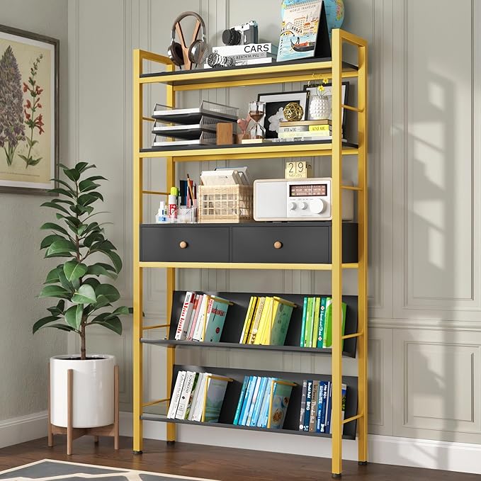 Bookshelf with Drawers-31.5'' Widen Industrial Book Shelf with Bookend,5-Tiers Tall Storage Shelves, Steel Frame Display Rack, Suitable for Bedroom, Office, Living Room-27'' Depth Black - LeafyLoom