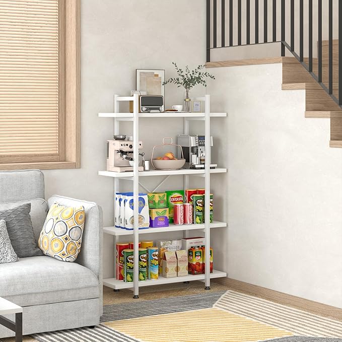 Bookshelf 4 Tiers White Wooden Storage Shelf,Modern Open Display Storage Bookcase Book Organizer,Metal Bookshelf Standing Storage Shelf Tall Shelving Units for Home Office Study - LeafyLoom