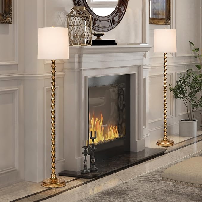 64.5" Gold Floor Lamp for Living Room, Gold Bamboo Floor Lamps for Bedroom, Tall Skinny Lamp for Home Decor, Mid Century Antique Floor Lamps with White Lampshade, Gold Standing Lamp for Corner - LeafyLoom