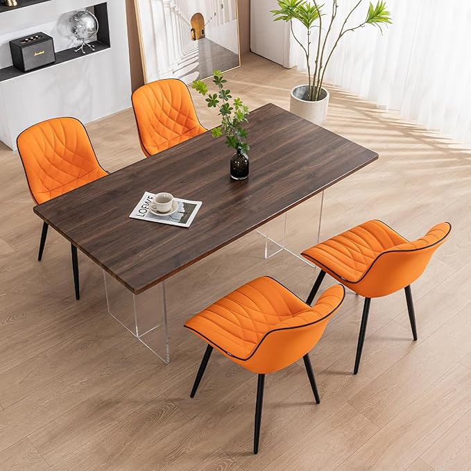 YOUNUOKE Dining Chairs Set of 2 Mid Century Modern Kitchen Chair Comfortable Upholstered Faux Leather Dinner Chairs for Kitchen Dining Room, Orange - LeafyLoom