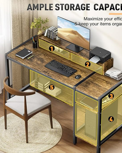 Gimars Upgrade 47” Computer Home Office Desk with Monitor Stand, Rustic Writing Desk with Adjustable Shelves & Large Bookshelf, Easy Assembly Gaming Desk, Spacious, Modren Design for Home Office - LeafyLoom