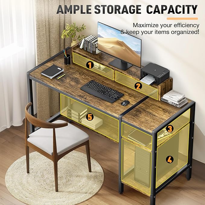 Gimars Upgrade 47” Computer Home Office Desk with Monitor Stand, Rustic Writing Desk with Adjustable Shelves & Large Bookshelf, Easy Assembly Gaming Desk, Spacious, Modren Design for Home Office - LeafyLoom
