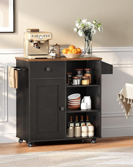 HOOBRO Kitchen Island, Storage Cabinet with Drawer, Kitchen Cart with Spice and Towel Rack, Saving Space, Easy Assembly, for Living Room, Rustic Brown and Black FB12ZD01 - LeafyLoom