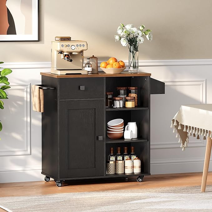 HOOBRO Kitchen Island, Storage Cabinet with Drawer, Kitchen Cart with Spice and Towel Rack, Saving Space, Easy Assembly, for Living Room, Rustic Brown and Black FB12ZD01 - LeafyLoom