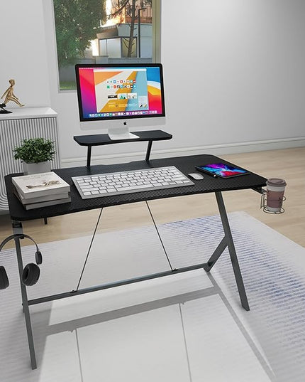 45IN Gaming Desk Gamer Table Carbon Fiber Surface Computer Table Gamer Desk with Monitor Shelf Office Home Study Desk Work PC Table Steel Legs Corner Desk Black - LeafyLoom