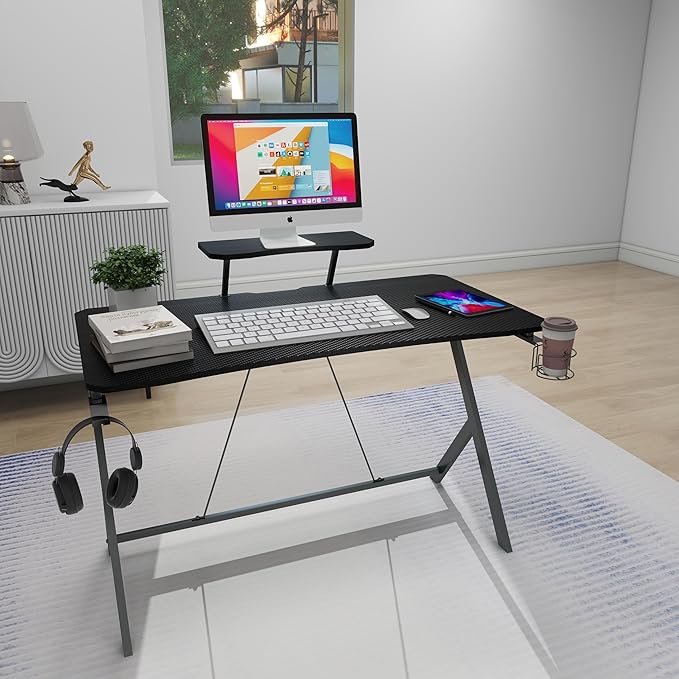 45IN Gaming Desk Gamer Table Carbon Fiber Surface Computer Table Gamer Desk with Monitor Shelf Office Home Study Desk Work PC Table Steel Legs Corner Desk Black - LeafyLoom