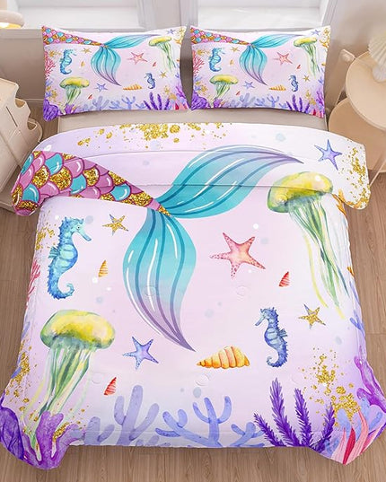 NINENINE Girls Mermaid Bedding Set,Mermaid Tail Comforter Set,Twin Size Bedding Sets for Girls,Princess Toddler Bedding Sets for Girls with 1 Comforter 1 Pillowcase… - LeafyLoom