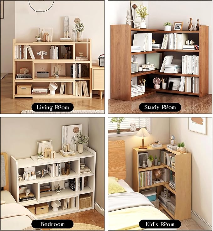 4-Tier Wooden Bookshelf, Expandable 25-47 inch Wide Bookcase, Modern Freestanding Bookcas for Small Space or Corner (Natural) - LeafyLoom