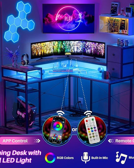 armocity L Shaped Desk with Drawers, Reversible Corner Computer Desk with LED Light & Power Outlet, 55.2'' L-Shaped Gaming Desk with Long Monitor Shelf, Home Office Desk for Small Corner Space, Grey - LeafyLoom