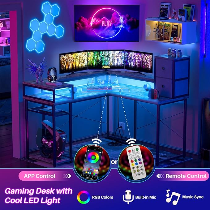 armocity L Shaped Desk with Drawers, Reversible Corner Computer Desk with LED Light & Power Outlet, 55.2'' L-Shaped Gaming Desk with Long Monitor Shelf, Home Office Desk for Small Corner Space, Grey - LeafyLoom