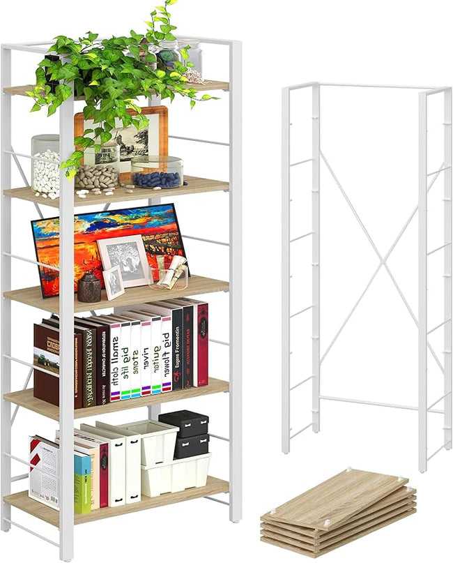 4NM Bookshelf Industrial Bookcase 5 Tier Home Office Adjustable Bookshelves Storage Shelves Organizer Vintage Book shelf Display Rack for Living Room, Bedroom,Home - Natural - LeafyLoom