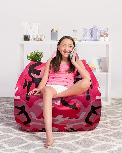 Posh Creations Structured Comfy Bean Bag Chair for Gaming, Reading and Watching TV, Coronado Chair, Nylon - Camo Pink and Black - LeafyLoom