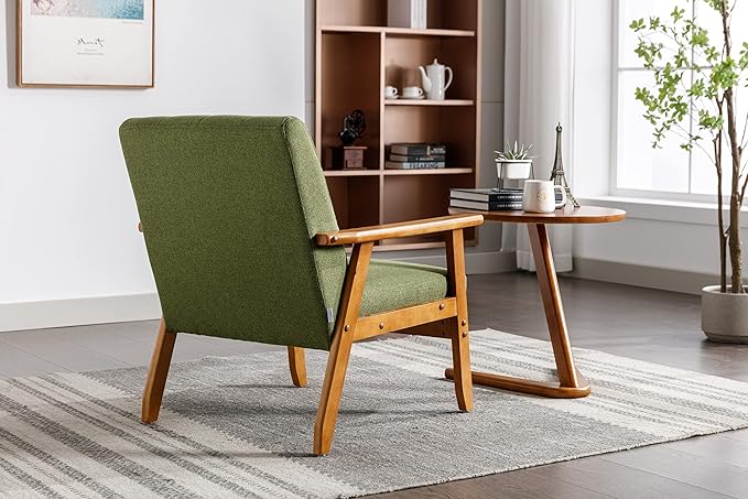 Mid-Century Accent, Modern Single Armchair, Upholstered Leisure Lounge Chair wth Solid Wood Armrest and Feet for Living Room, Bedroom, Office, Green - LeafyLoom