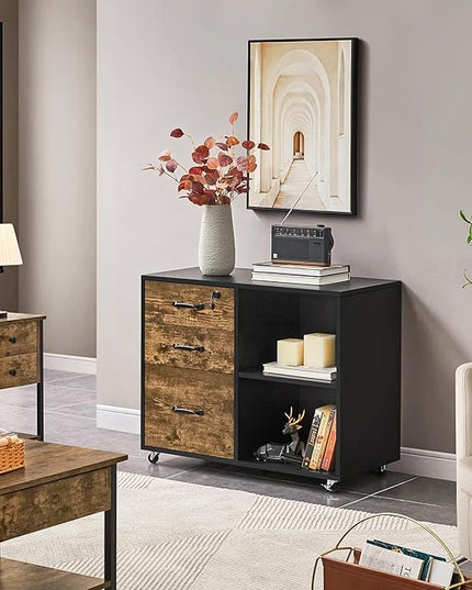 Yaheetech Lateral File Cabinet with Lock for Letter, A4 Size, 3 Drawer Printer Stand with Open Storage Compartments, Mobile Filing Cabinet for Home Office, Black/Rustic Brown - LeafyLoom