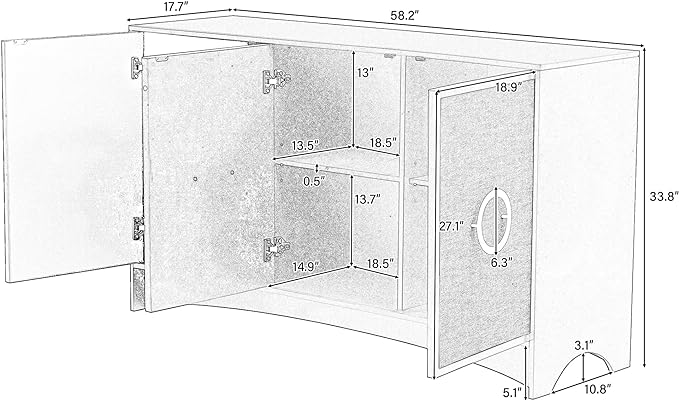 58.2“ Curved Design Storage Cabinet with Linen Material and Metal Round Handle Door,Wooden Console Table,W/Adjustable Shelves,Suitable for Corridors,Entrances,Living Rooms,Study,Beige - LeafyLoom