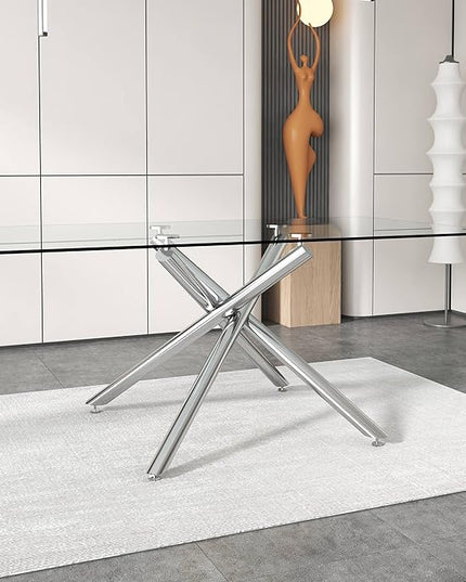 NicBex Large Modern Minimalist Rectangular Glass Dining Table for 6-8 with 0.39" Tempered Glass Tabletop and Silver Chrome Metal Legs for Kitchen Dining Living Meeting Room Banquet Hall, Silver - LeafyLoom