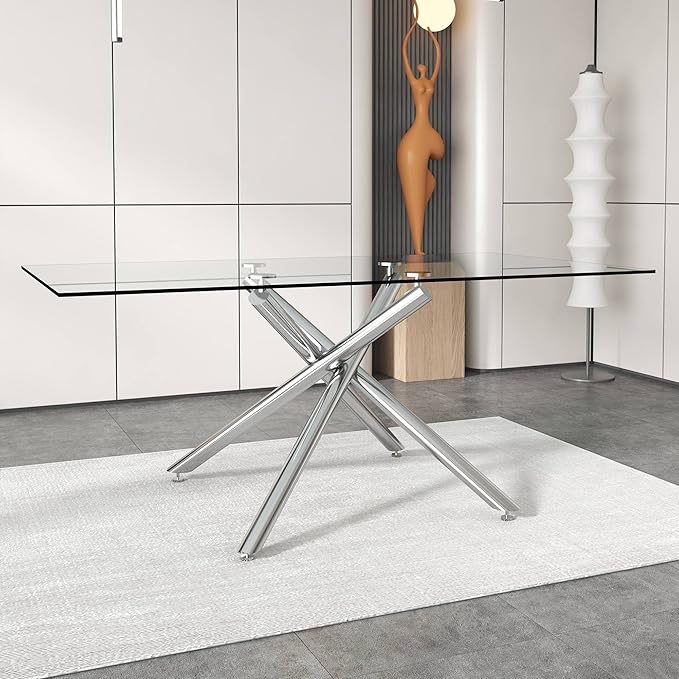 NicBex Large Modern Minimalist Rectangular Glass Dining Table for 6-8 with 0.39" Tempered Glass Tabletop and Silver Chrome Metal Legs for Kitchen Dining Living Meeting Room Banquet Hall, Silver - LeafyLoom