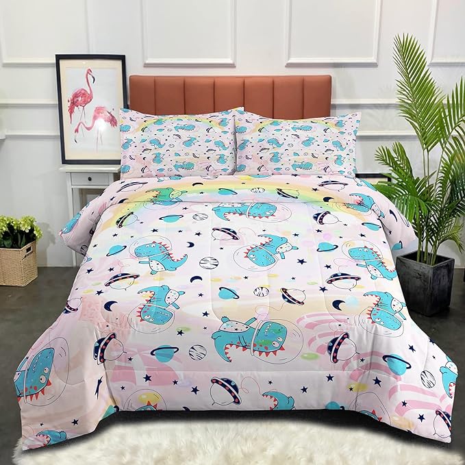 NINENINE Pink Dinosaur Comforter Set Colorful Rainbow Castle UFO Space Theme Bedding, Twin Comforter Sets for Boys Girls Kawaii Bedding Set with 1 Comforter 1 Pillowcase - LeafyLoom