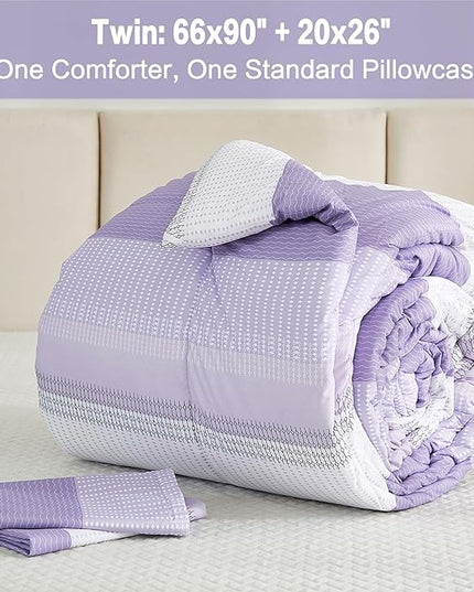 Litanika Lavender Comforter Set Twin/Twin XL - 2 Pieces Lightweight Lavender Purple White Colorblock Stripe Fluffy Bedding Comforter Sets, All Season Bed Set - LeafyLoom