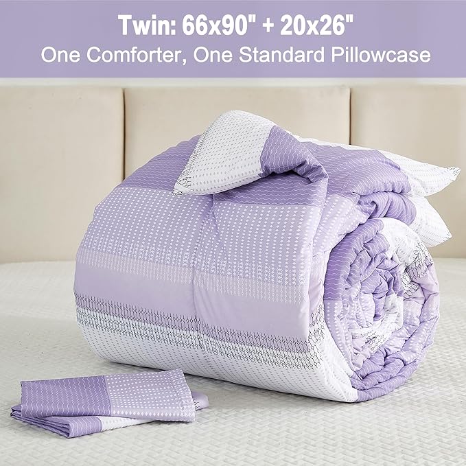 Litanika Lavender Comforter Set Twin/Twin XL - 2 Pieces Lightweight Lavender Purple White Colorblock Stripe Fluffy Bedding Comforter Sets, All Season Bed Set - LeafyLoom