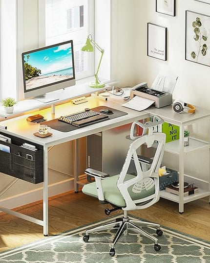 ODK 48 Inch Gaming Desk with USB Charging Ports and LED Lights, Reversible L Shaped Computer Desk with Storage Shelves & Monitor Stand, Corner Home Office Desk Table with Power Outlets, White - LeafyLoom