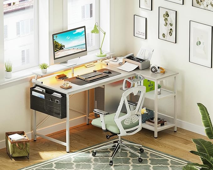 ODK 48 Inch Gaming Desk with USB Charging Ports and LED Lights, Reversible L Shaped Computer Desk with Storage Shelves & Monitor Stand, Corner Home Office Desk Table with Power Outlets, White - LeafyLoom