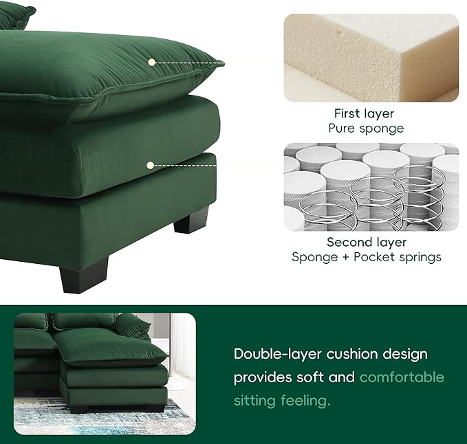 Symmetrical Modular Sectional Sofa with Chaise Lounge, 6 Seater Velvet Upholstered Cloud Couch, U Shaped Oversized Sleeper Sofa&Couches with Thicked Cushion & Detackable Backrest Living Room - LeafyLoom