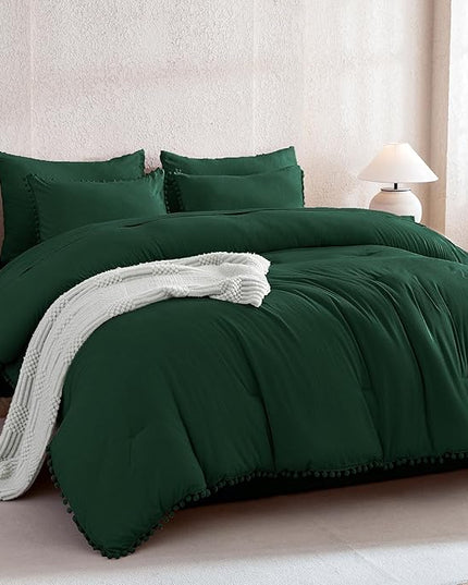 Litanika Queen Size Comforter Set Dark Green,3 Pieces Dark Green Boho Pom Pom Lightweight Bed Comforter, All Season Soft Solid Color Bedding Comforter Sets (1 Comforter 90x90 Inch, 2 Pillowcases) - LeafyLoom