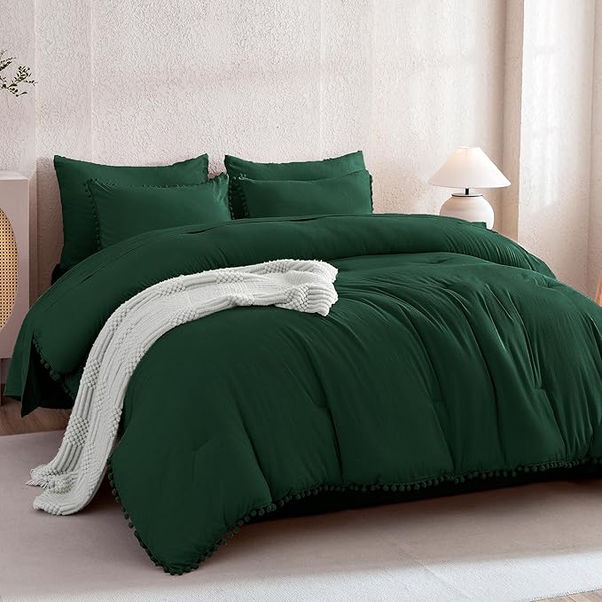 Litanika Queen Size Comforter Set Dark Green,3 Pieces Dark Green Boho Pom Pom Lightweight Bed Comforter, All Season Soft Solid Color Bedding Comforter Sets (1 Comforter 90x90 Inch, 2 Pillowcases) - LeafyLoom