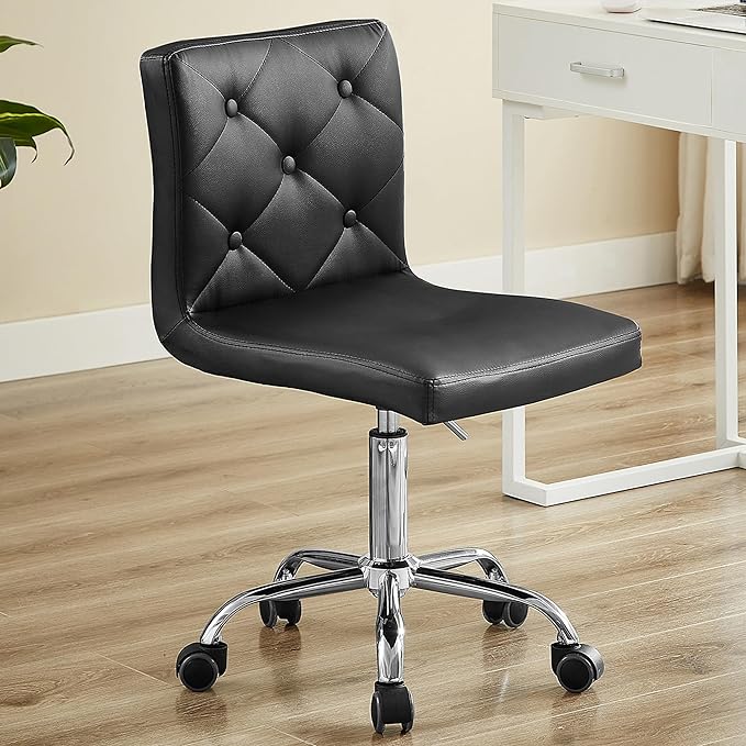 VECELO PU Leather Mid-Back Armless Desk Chair Adjustable Height 360° Rolling Swivel for Home Office Work, Black - LeafyLoom