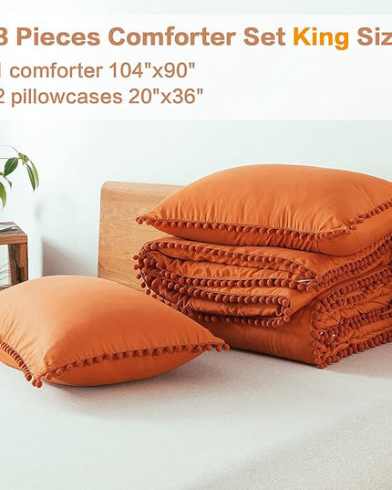Litanika King Size Comforter Set Burnt Orange,3 Pieces Burnt Orange Boho Pom Pom Lightweight Bed Comforter, All Season Solid Color Bedding Comforter Sets (1 Comforter 104x90 Inch, 2 Pillowcases) - LeafyLoom