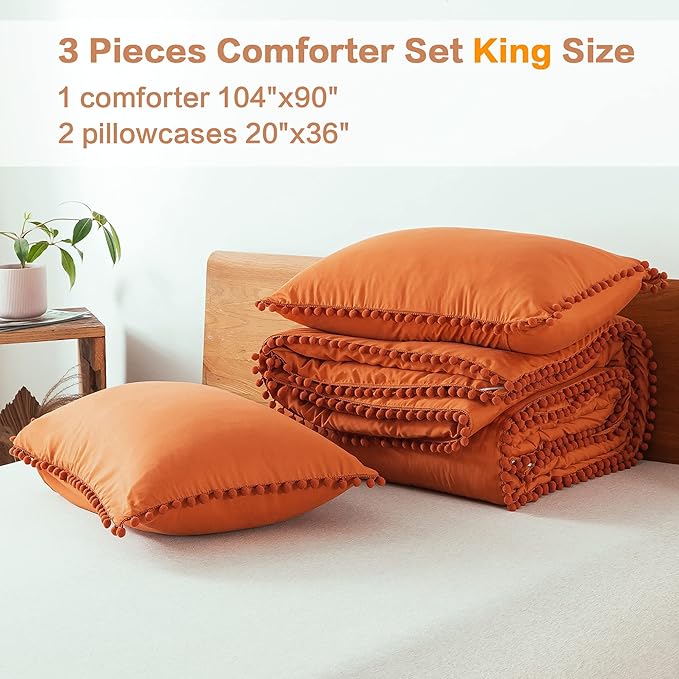 Litanika King Size Comforter Set Burnt Orange,3 Pieces Burnt Orange Boho Pom Pom Lightweight Bed Comforter, All Season Solid Color Bedding Comforter Sets (1 Comforter 104x90 Inch, 2 Pillowcases) - LeafyLoom