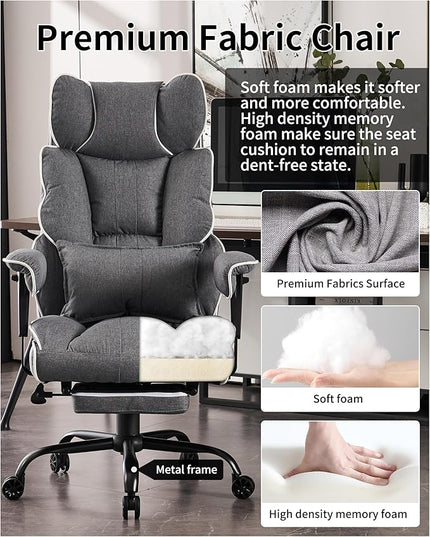 Fabric Office Chair, Big and Tall Office Chair 400 lb Weight Capacity, High Back Executive Office Chair with Foot Rest, Ergonomic Office Chair for Back Pain Relief, Gray - LeafyLoom
