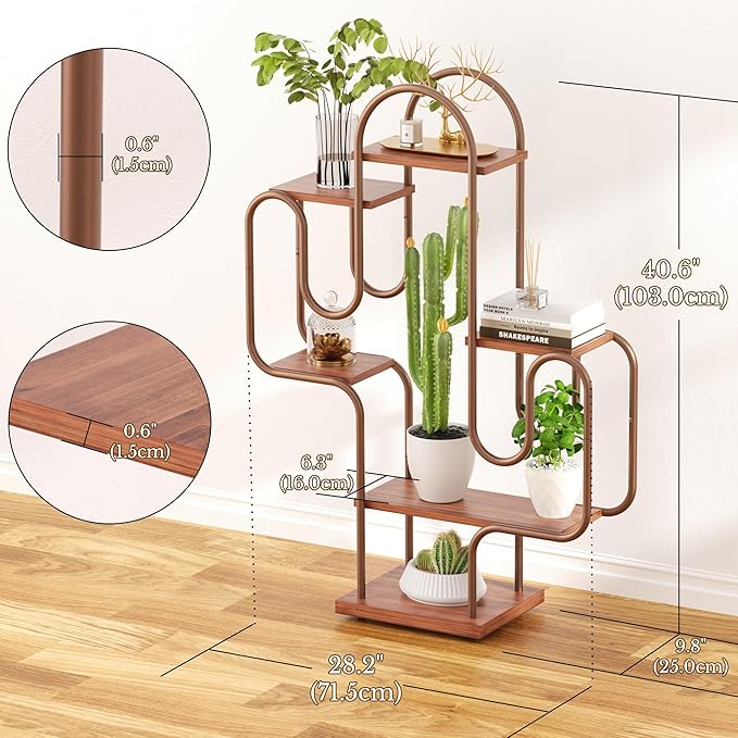 Allinside Cactus Corner Bookshelf, 6 Tiers Multipurpose Plant Stand, Heavy-Duty Metal Corner Shelf, Creative Tall Display Rack, Rustic Bookcase for Living Room, Bedroom, Home Office and Balcony - LeafyLoom
