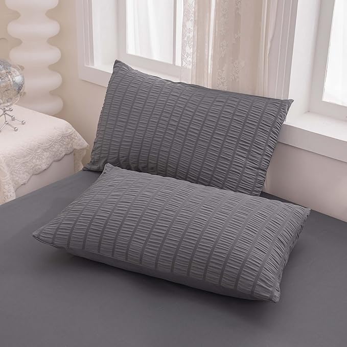 Grey Queen Size Comforter Sets for Boys Men Boho Dark Grey Seersucker Bedding Set 5 Pieces-Microfiber Lightweight All Season Comforter Set for Bedding(90x90In Comforter) - LeafyLoom