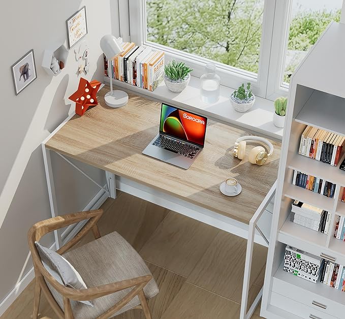 Coavas 31.5 inch Folding Desk No Assembly Required, Writing Computer Desk Space Saving Foldable Table Simple Home Office Desk, White Oak - LeafyLoom