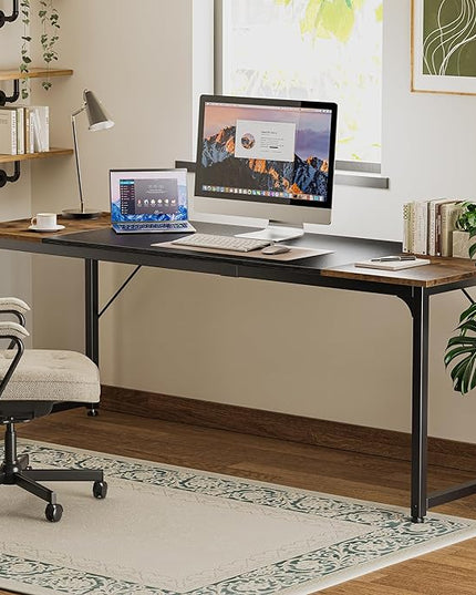 Computer Desk, 80 Inch Office Desk, Gaming Desk with Storage, Writing Desk Work Desk for Home Office, Study, Long Simple Desk, Large Legroom, Metal Frame, Rustic Brown and Black - LeafyLoom