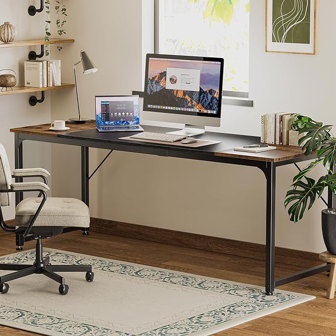 Computer Desk, 80 Inch Office Desk, Gaming Desk with Storage, Writing Desk Work Desk for Home Office, Study, Long Simple Desk, Large Legroom, Metal Frame, Rustic Brown and Black - LeafyLoom