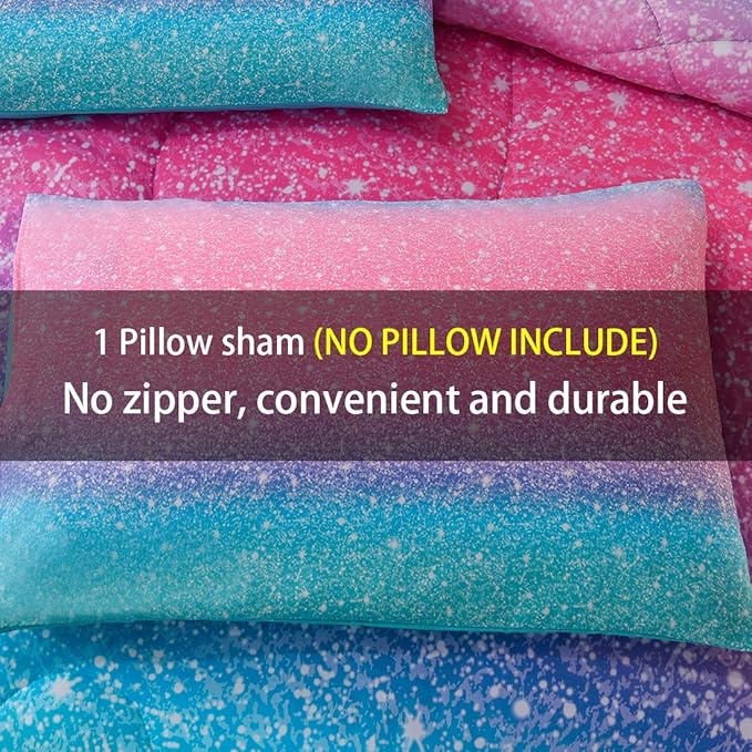 JQinHome Twin Glitter Comforter Sets for Girls, 3D Colorful Duvet Pink Rainbow Themed Bedding, All-Season Reversible Quilted Duvet, for Girls Teen Women - includes 1 Comforter, 1 Pillowcase - LeafyLoom