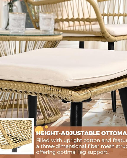 Pamapic 5 Piece Outdoor Patio Bistro Set, Conversation Sets with Ottoman, Rattan Wicker Outdoor Balcony Furniture Chairs for Poorside Garden Balcony, Cream - LeafyLoom