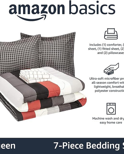 Amazon Basics Lightweight Microfiber Bed-in-a-Bag Comforter 7-Piece Bedding Set, Full/Queen, Red Simple Stripe, Plaid, Striped - LeafyLoom