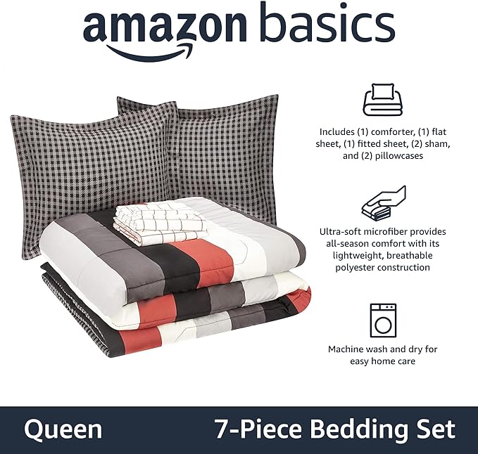 Amazon Basics Lightweight Microfiber Bed-in-a-Bag Comforter 7-Piece Bedding Set, Full/Queen, Red Simple Stripe, Plaid, Striped - LeafyLoom