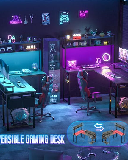 Small L Shaped Gaming Desk with Power Outlets, 48" Reversible L Shaped LED Computer Desk with Monitor Stand & Storage Shelf, Corner Gamer Desk Home Office Desk with Storage Bag, Black Oak - LeafyLoom