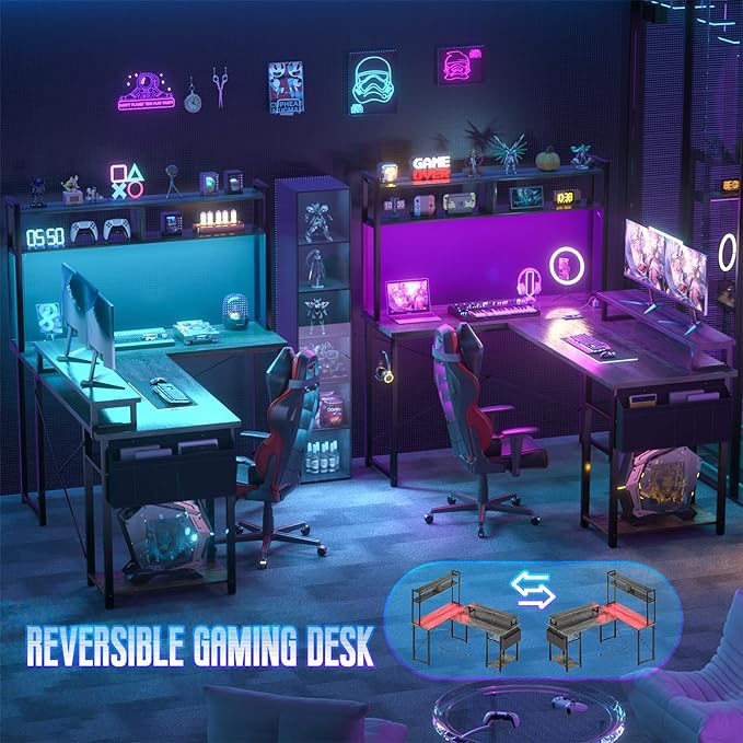 Small L Shaped Gaming Desk with Power Outlets, 48" Reversible L Shaped LED Computer Desk with Monitor Stand & Storage Shelf, Corner Gamer Desk Home Office Desk with Storage Bag, Black Oak - LeafyLoom