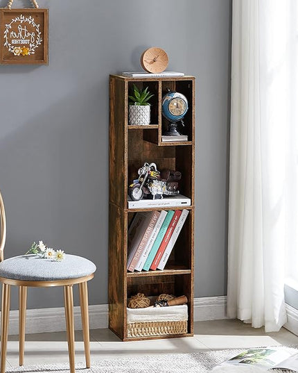 VECELO Small Bookshelf, 5 Cube Slim Bookcase, Fits Tallest Hardcovers, Horizontal Available, Modern Floor Standing Unit, Each Shelf Hold Up to 66 LBS, Vintage Brown - LeafyLoom