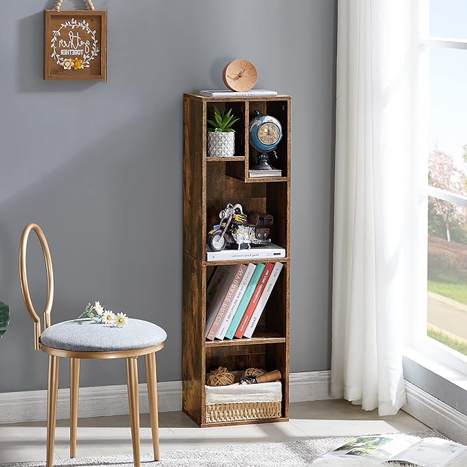 VECELO Small Bookshelf, 5 Cube Slim Bookcase, Fits Tallest Hardcovers, Horizontal Available, Modern Floor Standing Unit, Each Shelf Hold Up to 66 LBS, Vintage Brown - LeafyLoom