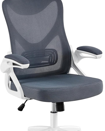 Yaheetech Ergonomic Mesh Office Chair, High Back Desk Chair with with flip-up Armrests, Adjustable Padded Headrest Computer Chair with Lumbar Support for Home Oiffce Game Room, White/Gray - LeafyLoom