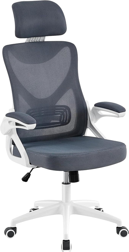 Yaheetech Ergonomic Mesh Office Chair, High Back Desk Chair with with flip-up Armrests, Adjustable Padded Headrest Computer Chair with Lumbar Support for Home Oiffce Game Room, White/Gray - LeafyLoom